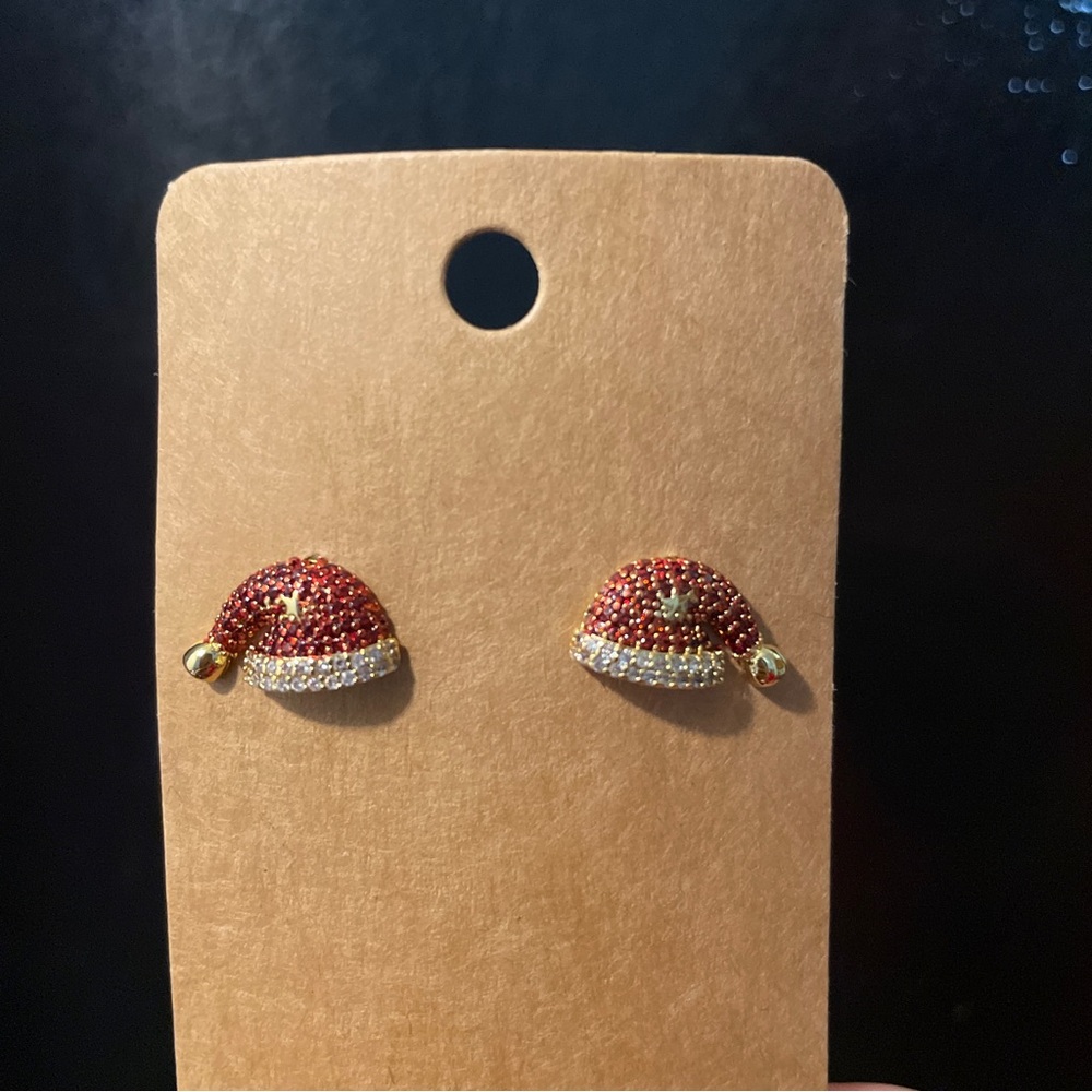 Christmas Santa Hat Rhinestone Gold Stud Earrings